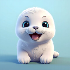 A tiny withe , snow white , crazy hair baby seal happy and smiling, simple background