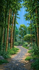 Obraz premium A tranquil bamboo forest pathway leads through lush greenery towards a bright sky. Sunlight streams downward, creating a magical atmosphere in nature, perfect for a summer celebration
