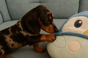 A playful young dachshund puppy with a unique dapple coat gently touches a penguin-shaped plush toy while sitting on a soft sofa.