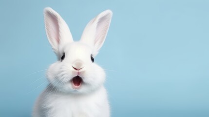 Fototapeta premium cute animal pet rabbit or bunny white color smiling and laughing isolated with copy space for easter background, rabbit, animal, pet, cute, fur, ear, mammal, background, celebration, generate by AI