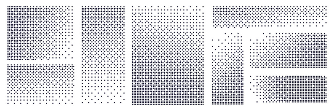 Set of pixel transform effect with halftone dot pattern. Mosaic background with square shapes, abstract disintegration. 8bit art design with explosion and geometric elements.