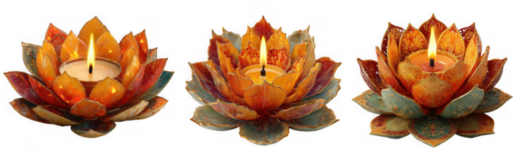 Three sparkling lotus flower candle holders with lit flames isolated on white isolated on transparent background