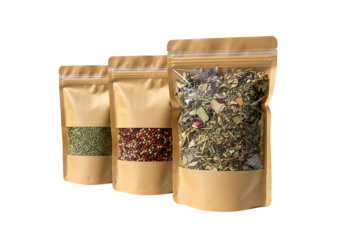 Three kraft paper doypack pouches with windows showing tea and spices. Isolated on transparent background, png