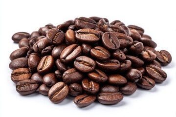 Fototapeta premium A pile of roasted coffee beans with a rich dark brown color isolated on white background