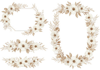 A collection of delicate floral arrangements and frames in soft neutral tones