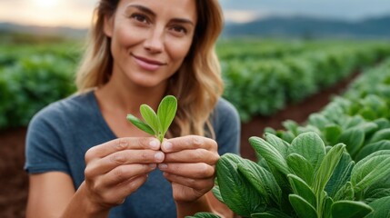 Obraz premium On a vibrant Brazilian farmland, a farmer inspects fresh green leaves, surrounded by rows of healthy crops under a cloudy sky, demonstrating agricultural prosperity