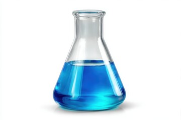 Glass erlenmeyer flask containing vibrant blue liquid isolated on white background