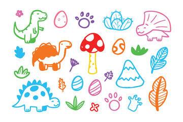 Dino Doodle Delight: Whimsical illustrations of playful dinosaurs, along with related elements, evoke a sense of joy and wonder. Vivid, kid-friendly style.