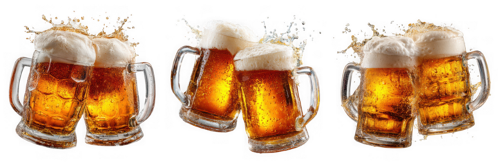 Three pairs of frothy beer mugs clinking together with splashes isolated on transparent background