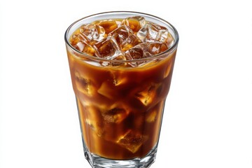 Refreshing cold brew coffee with ice cubes in a tall glass isolated on white background