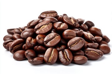 Fototapeta premium A pile of roasted coffee beans with a rich brown color isolated on white background