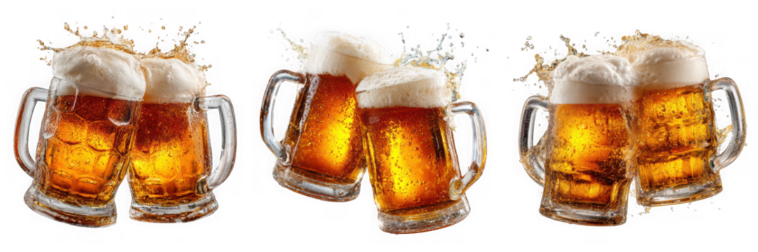 Three pairs of frothy beer mugs clinking together with splashes isolated on transparent background - Powered by Adobe