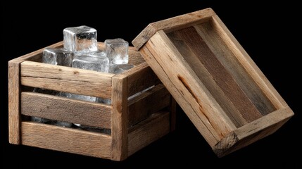 Fototapeta premium Clear, frozen ice cubes rest inside a rustic wooden box, highlighted by a dark backdrop that enhances their crystalline features.