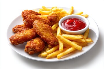 Crispy golden fried chicken wings and french fries served with ketchup on a white plate isolated on white background
