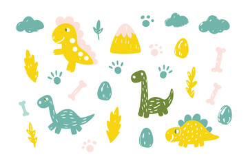 Cartoon Dinosaur Scene: A whimsical cartoon illustration filled with adorable dinosaur figures, eggs, and decorative elements creates a playful and imaginative visual experience. 