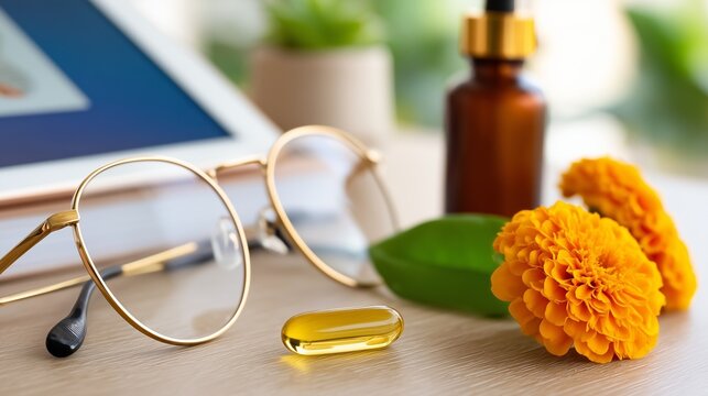 close-up of golden lutein capsule beside marigold petals, with visual elements such as soft-focus eye glasses, open book, and tablet screen in the background to subtly suggest blue-light protection.