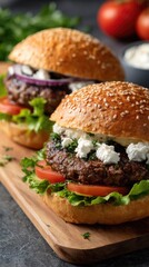 Two delicious burgers on a wooden surface, topped with colorful flags and vibrant ingredients, create a delightful feast