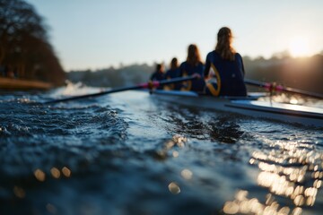 A synchronized rowing team glides through calm waters at sunrise, creating ripples and capturing a sense of teamwork.