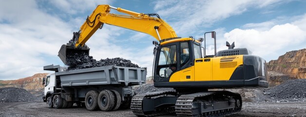 Yellow excavator operates efficiently, loading coal into a dump truck at an active mining site under a clear blue sky with clouds
