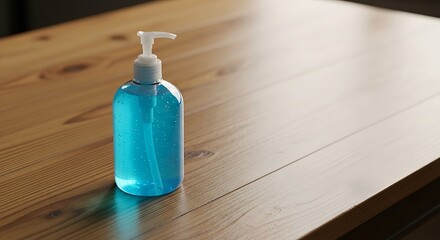 Tranquil Blue Hand Sanitizer Bottle on Wooden Table