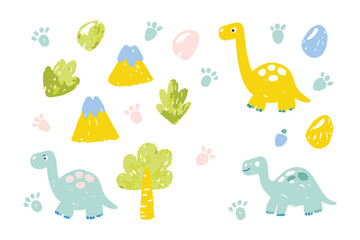 Colorful Dinosaur World: Cute dinosaur illustrations, playful landscape, including various dinosaurs, mountains, trees, and eggs, bringing joy and a sense of wonder. 