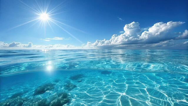 Crystal clear tropical ocean water with sun and clouds above - Powered by Adobe