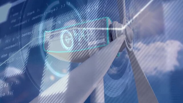 Stationary wind turbine initiating digital overlay, rotating blades visualizing rising power output - Powered by Adobe