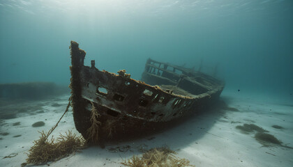 underwater shipwreck on sandy ocean floor