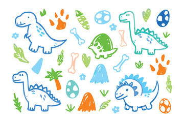 Cute Dinosaur Illustration: A collection of adorable cartoon dinosaurs and playful prehistoric elements, perfect for children's designs and educational projects.