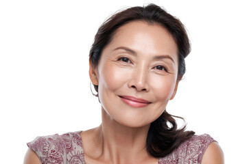 Elegant older Asian woman smiling in floral dress isolated on transparent png background