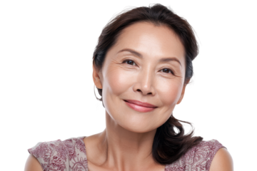 Elegant older Asian woman smiling in floral dress isolated on transparent png background
