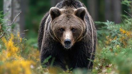 Fototapeta premium A cute brown bear is seen wandering through a vibrant forest filled with lush greenery and flowers under the warm sun. The scene captures the bear's playful curiosity and natural beauty