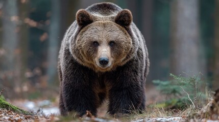 A cute brown bear stands in a serene forest setting. Surrounded by trees and underbrush, it calmly explores its natural habitat while embodying the chaos of wildlife