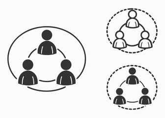 Teamwork icons set, Trio of people connected by circles and lines