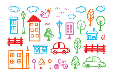 City Doodle Illustration: A whimsical city landscape depicted in a colorful doodle style, featuring buildings, vehicles, trees, and decorative elements.
