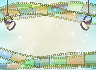 Colorful film strip background with glowing spotlights and sparkling light effects. Cinematic template ideal for movie-themed designs, events, or presentations.