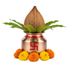 Copper kalash pot with coconut, mango leaves, marigold flowers and red Swastik for Indian puja and rituals