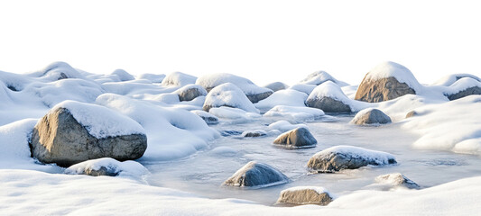 Snow covered rocks in a frozen winter landscape, isolated on transparent cutout background