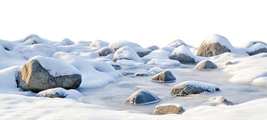 Snow covered rocks in a frozen winter landscape, isolated on transparent cutout background