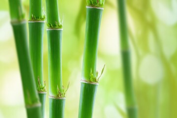 Obraz premium Green bamboo shoots rise prominently in a tranquil setting, their vibrant hues contrasting softly with a blurred backdrop. The peaceful atmosphere invites relaxation and contemplation
