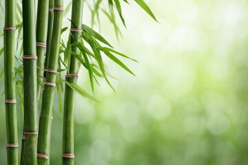 Tall bamboo shoots rise gracefully against a soft, blurred backdrop of green, evoking a sense of calm and connection with nature. This lush setting highlights the beauty of bamboo