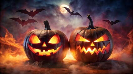 Two glowing jackolanterns with carved faces sit in the fog under a full moon with bats flying