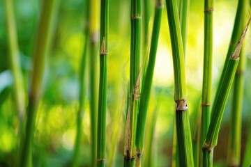 Tall green bamboo shoots create a striking display as they rise upwards against a softly blurred background of lush vegetation. Sunlight filters through, illuminating the scene beautifully