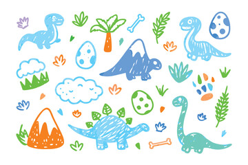Prehistoric Wonderland: A collection of playful and colorful illustrations brings dinosaurs to life, each crafted with a charming childlike style.