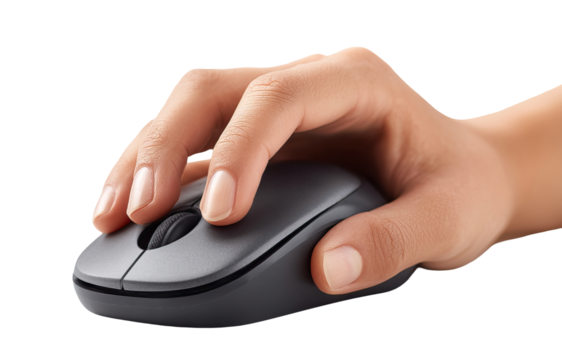 Hand holding black computer mouse, isolated on transparent cutout background