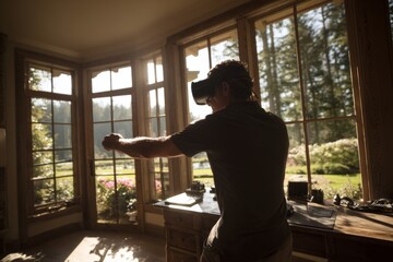 Virtual reality workout session in home office with immersive landscape. Augmented reality. The role of behavioral change in enhancing glp-1 effectiveness. Health ecosystem. Health metrics.