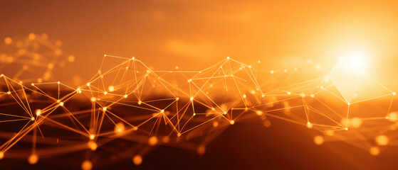 Digital Connection: A luminous, interconnected network of data points stretches across a vibrant orange background, representing the boundless expanse of digital connectivity.
