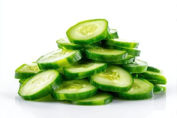 Freshly sliced cucumber rounds piled high isolated on white background