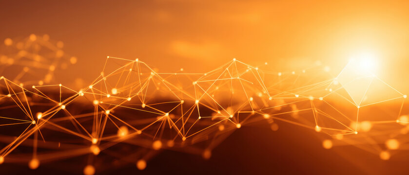Digital Connection: A luminous, interconnected network of data points stretches across a vibrant orange background, representing the boundless expanse of digital connectivity.