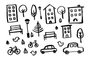 Urban Doodlescape: A charming collection of whimsical, hand-drawn elements depicts a simplified urban environment, creating a delightful visual narrative of city life.